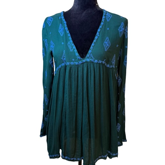 Free People | Diamond Teal and Blue Embroidered Tunic | Sz XS - Picture 2 of 11